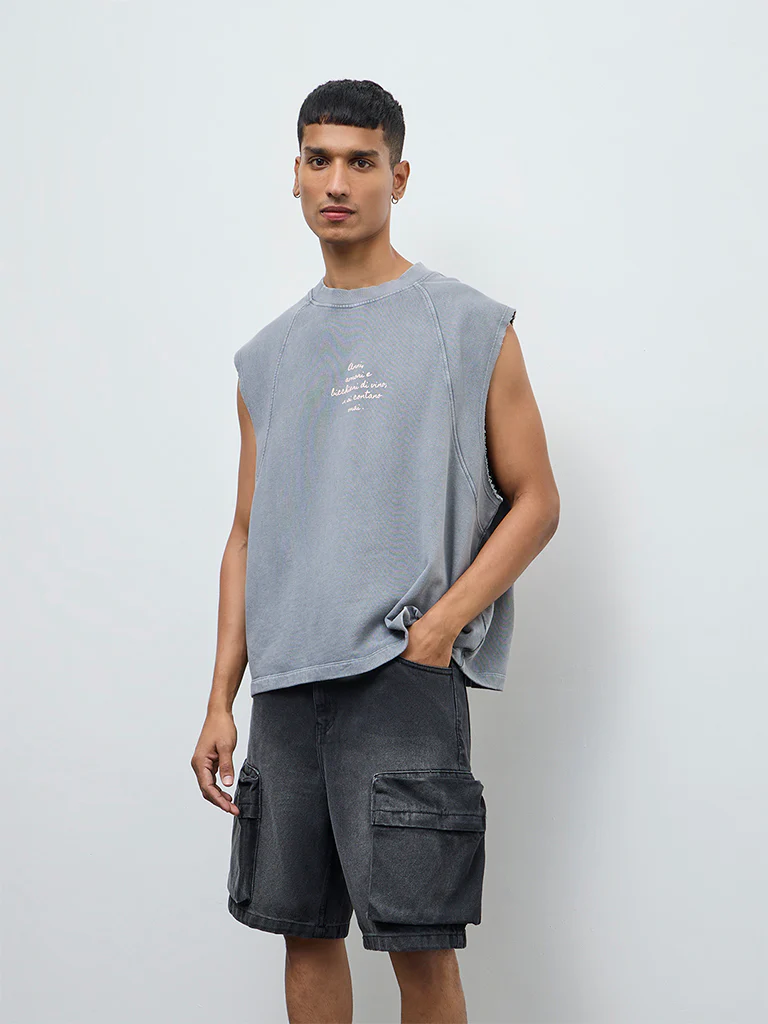 Nuon Grey Printed Relaxed Fit Cotton T-Shirt
