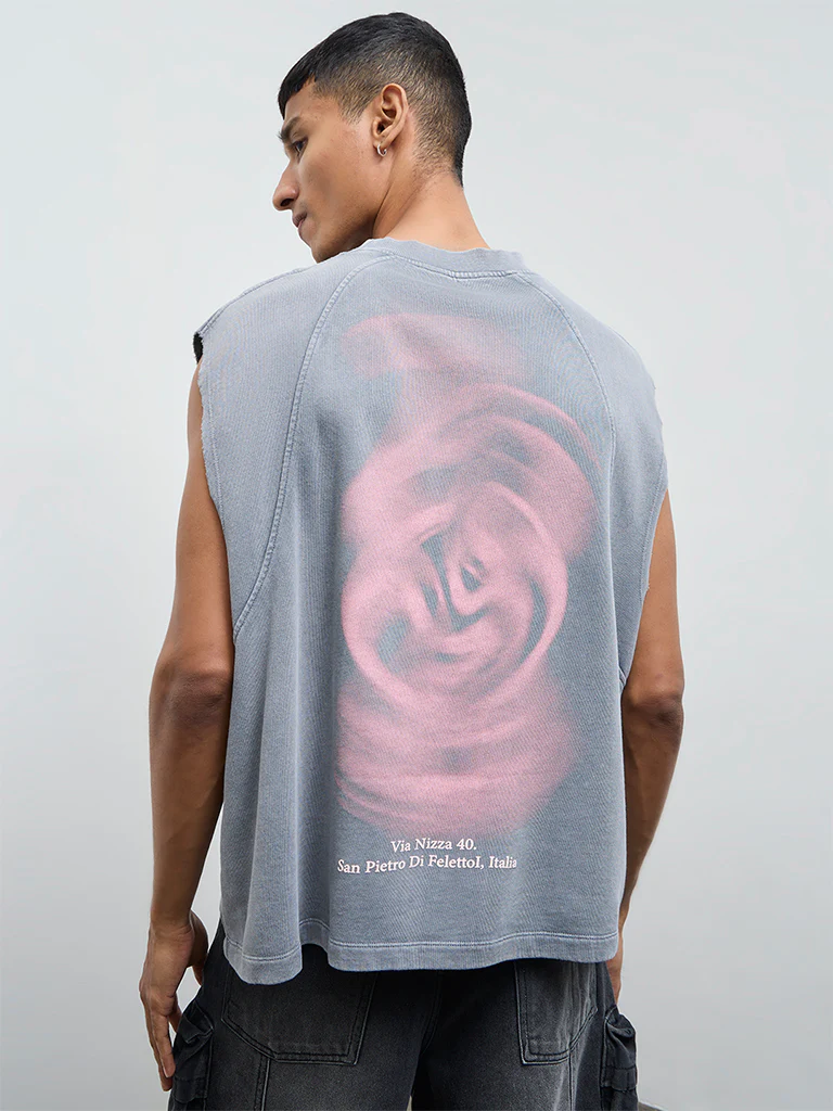 Nuon Grey Printed Relaxed Fit Cotton T-Shirt - Image 3