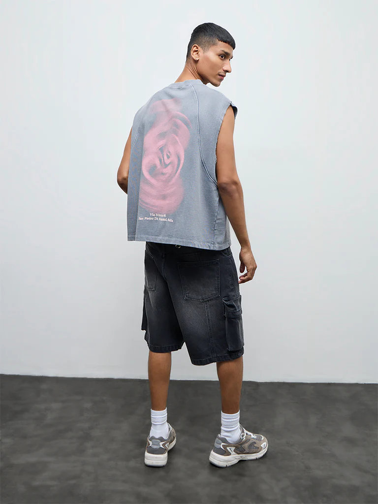 Nuon Grey Printed Relaxed Fit Cotton T-Shirt - Image 4