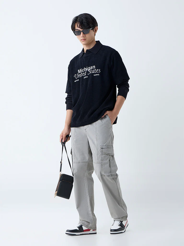 Nuon Grey Relaxed-Fit Mid-Rise Cotton-Blend Cargo Pants