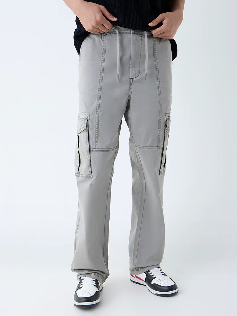 Nuon Grey Relaxed-Fit Mid-Rise Cotton-Blend Cargo Pants - Image 3
