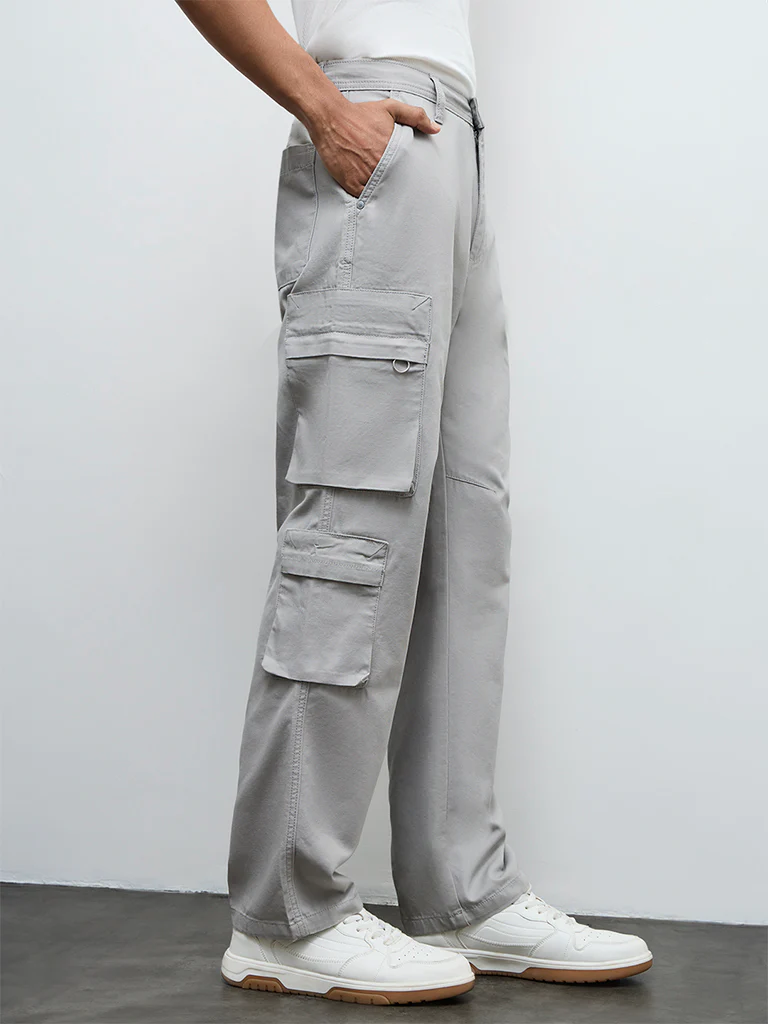 Nuon Grey Relaxed-Fit Mid-Rise Cotton Cargo Trousers - Image 2