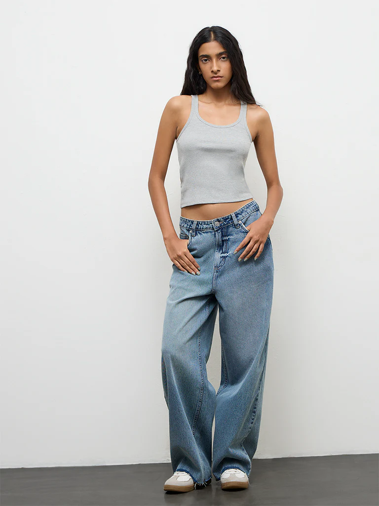 Nuon Grey Ribbed Cotton Tank Top - Image 2