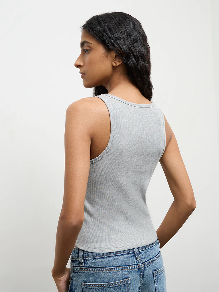 Nuon Grey Ribbed Cotton Tank Top - Image 4