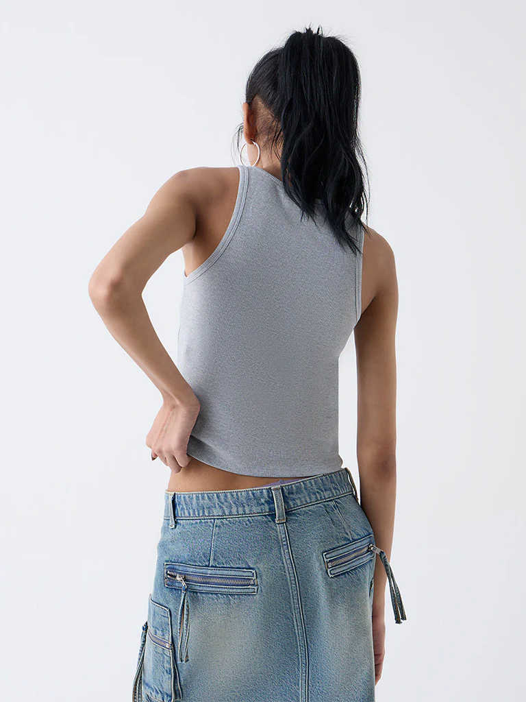 Nuon Grey Ribbed-Textured Cotton-Blend Tank Top - Image 4