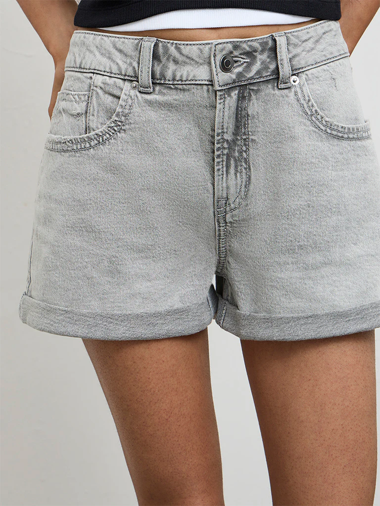Nuon Grey Solid High-Rise Denim Shorts - Image 3