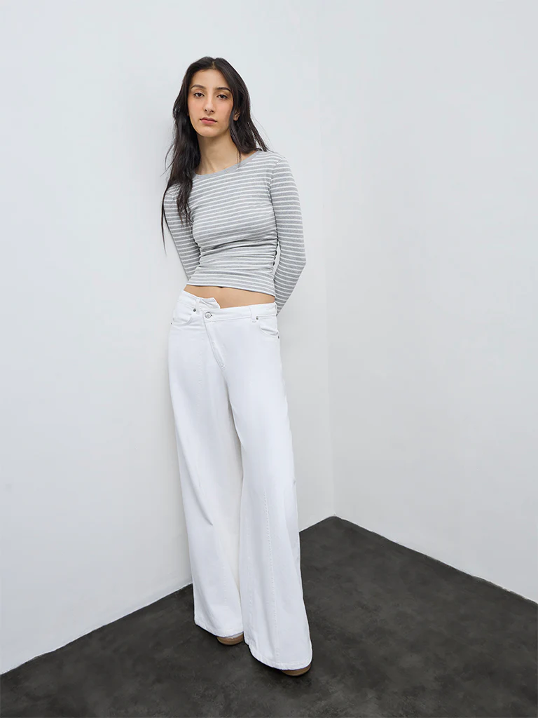 Nuon Grey Striped Pattern Cotton-Blend Top
