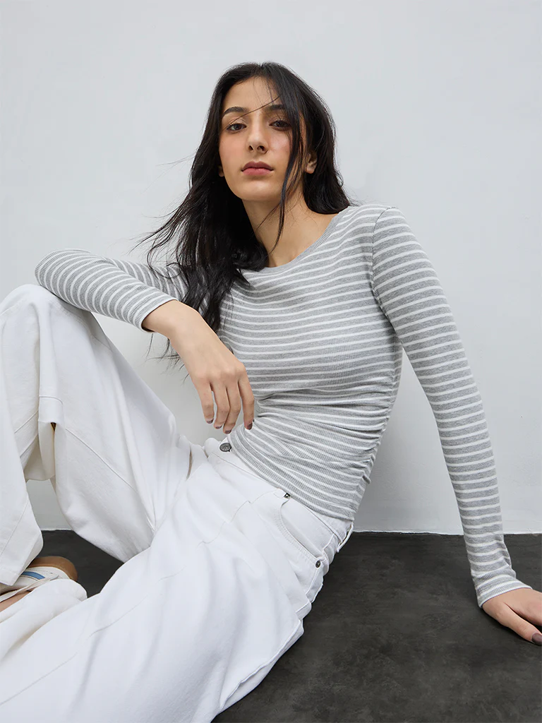 Nuon Grey Striped Pattern Cotton-Blend Top - Image 2