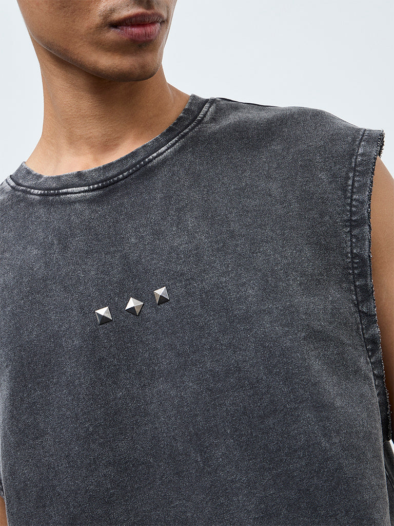 Nuon Grey Studded Relaxed-Fit Cotton T-Shirt - Image 3