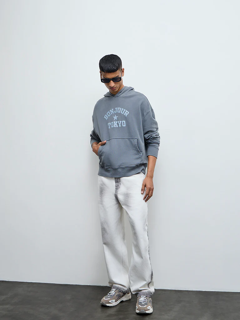 Nuon Grey Text Design Relaxed-Fit Cotton Hoodie - Image 2