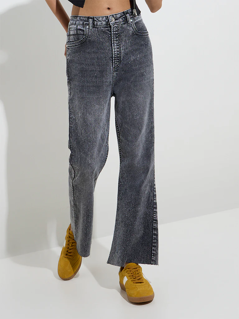 Nuon Grey Washed Straight-Fit High-Rise Jeans - Image 3