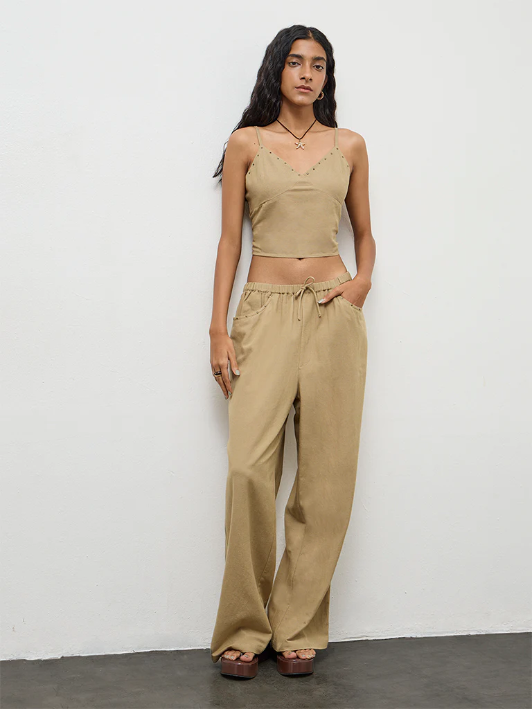 Nuon Khaki Embellished Linen Top - Image 2