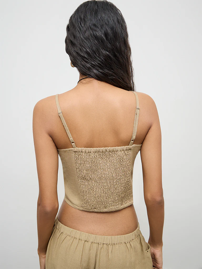 Nuon Khaki Embellished Linen Top - Image 4