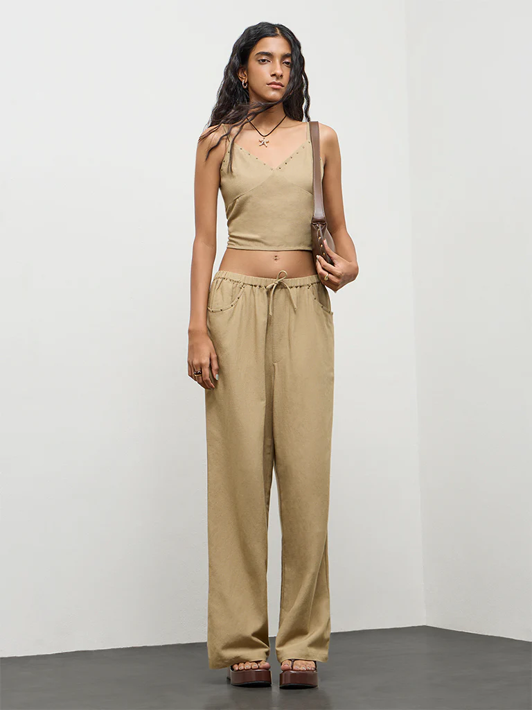 Nuon Khaki Solid High-Rise Linen Pants
