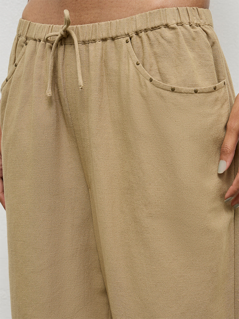 Nuon Khaki Solid High-Rise Linen Pants - Image 3