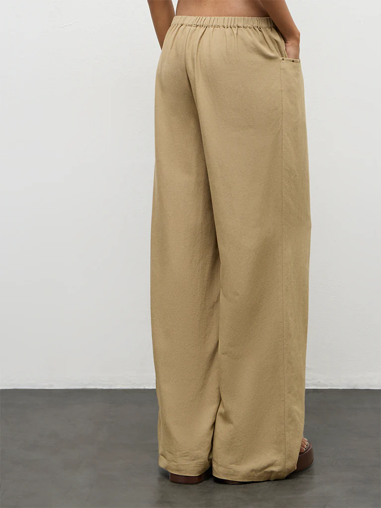 Nuon Khaki Solid High-Rise Linen Pants - Image 4