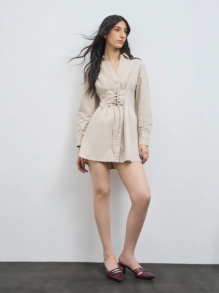 Nuon Light Beige Criss-Cross Detailed Cotton-Blend Shirt Dress - Image 2