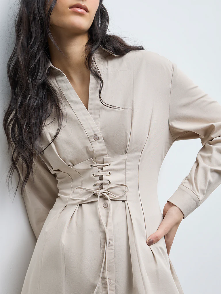 Nuon Light Beige Criss-Cross Detailed Cotton-Blend Shirt Dress - Image 3