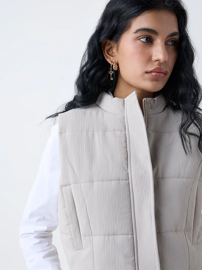 Nuon Light Beige Self-Striped Puffer Jacket - Image 3