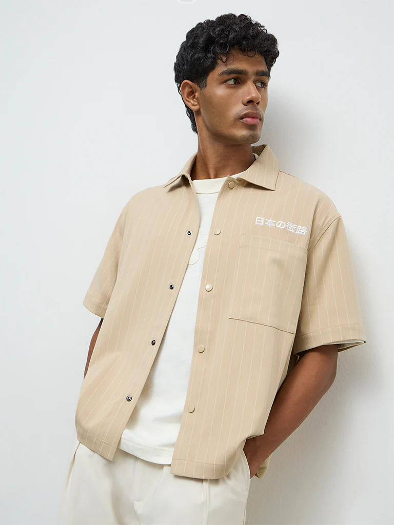 Nuon Light Beige Striped Relaxed-Fit Shirt