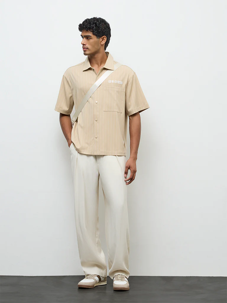 Nuon Light Beige Striped Relaxed-Fit Shirt - Image 3