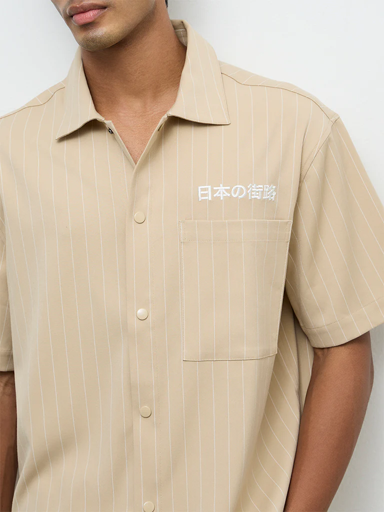 Nuon Light Beige Striped Relaxed-Fit Shirt - Image 4