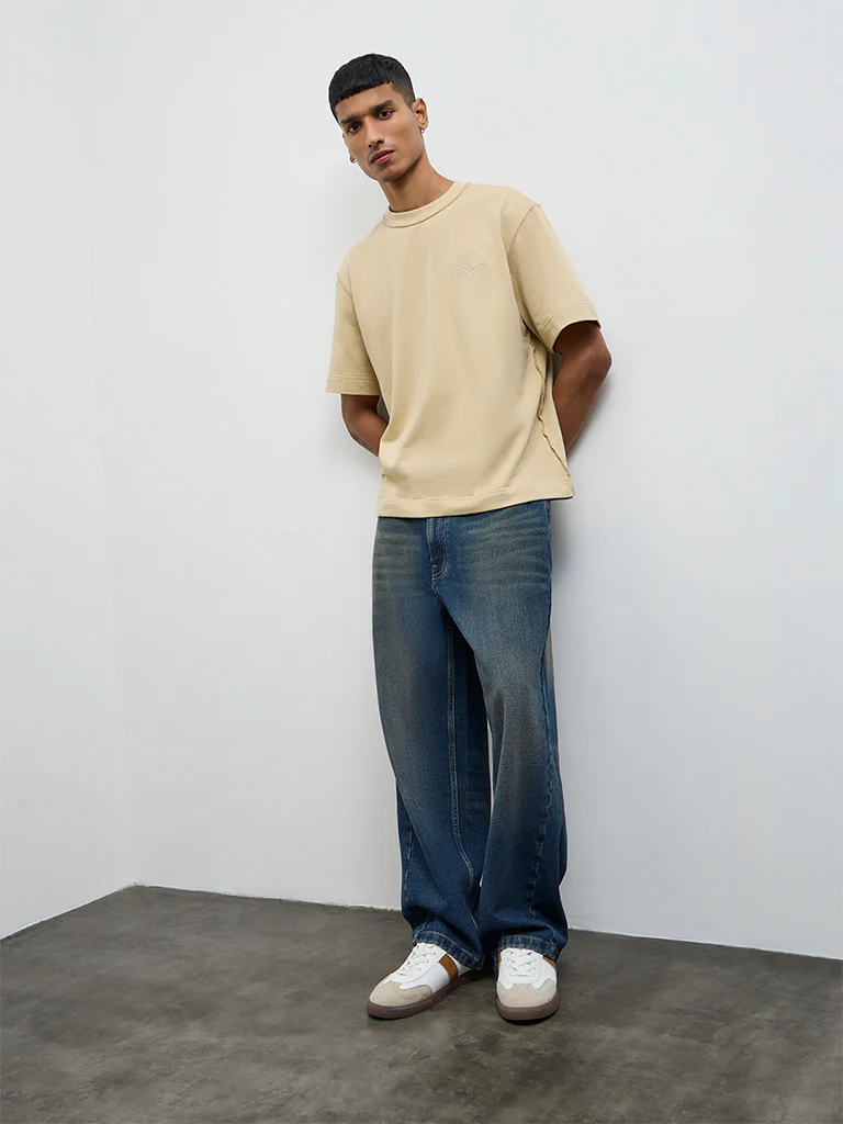 Nuon Light Beige Text Design Relaxed Fit Cotton T-Shirt - Image 3