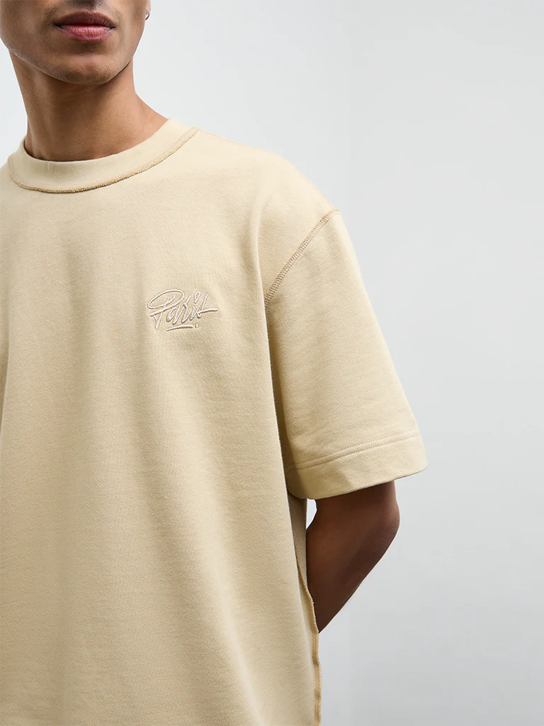 Nuon Light Beige Text Design Relaxed Fit Cotton T-Shirt - Image 4