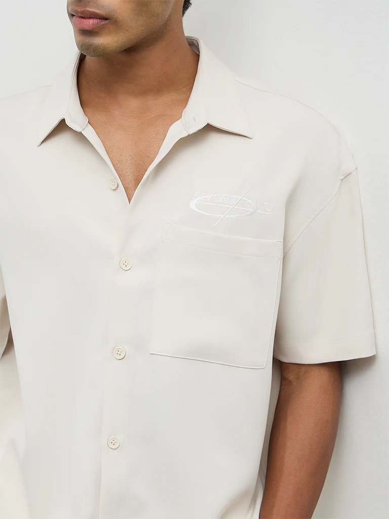Nuon Light Beige Text-Detailed Boxy-Fit Shirt - Image 3