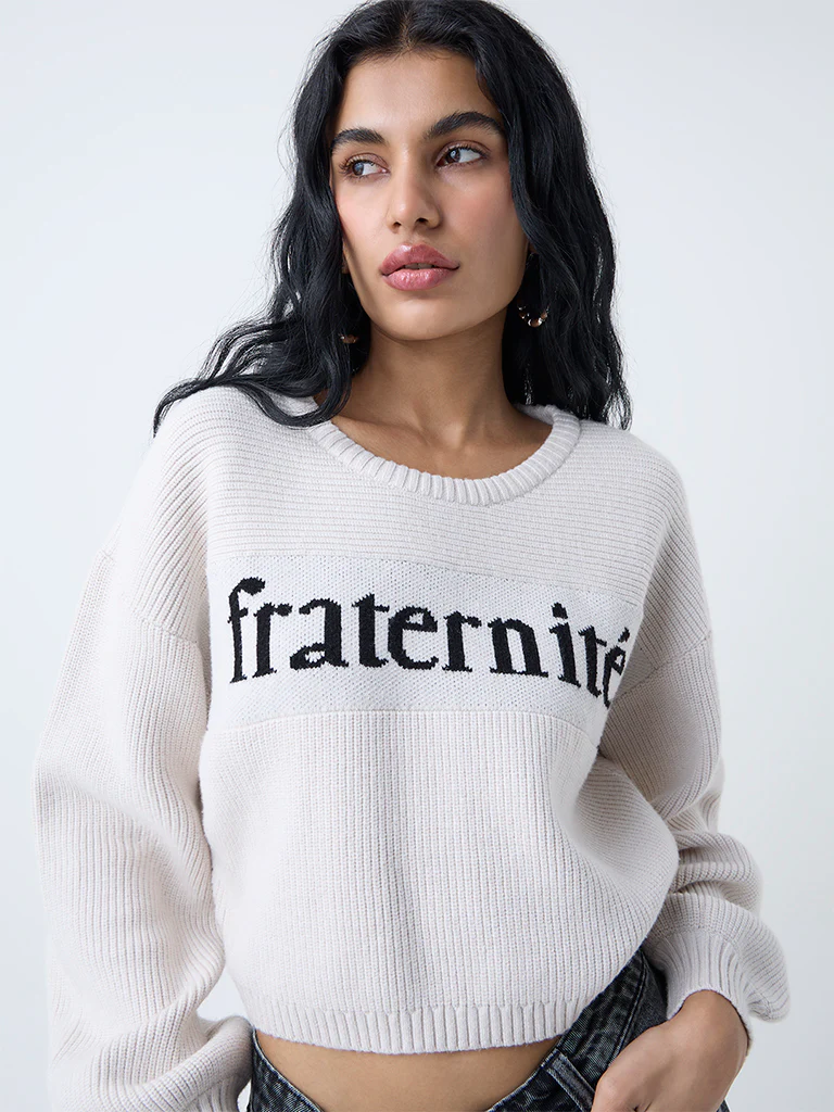 Nuon Light Beige Text Embroidered Sweater - Image 3