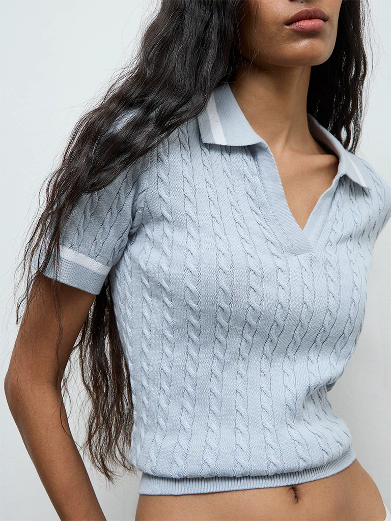 Nuon Light Blue Cable-Knit Cotton T-Shirt - Image 3