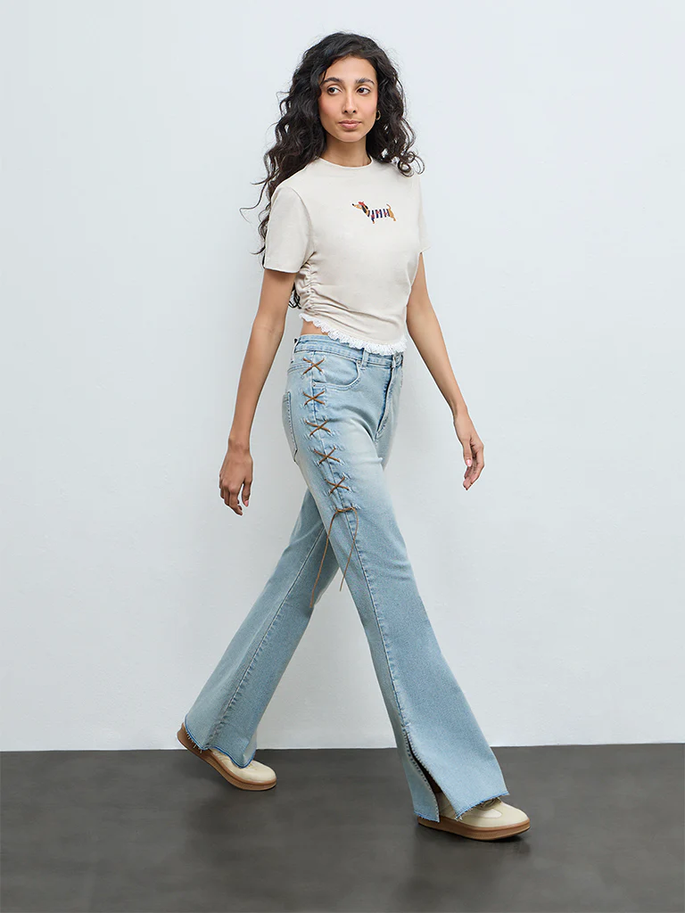 Nuon Light Blue Criss-Cross Bootcut High-Rise Jeans