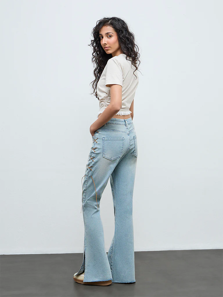 Nuon Light Blue Criss-Cross Bootcut High-Rise Jeans - Image 4