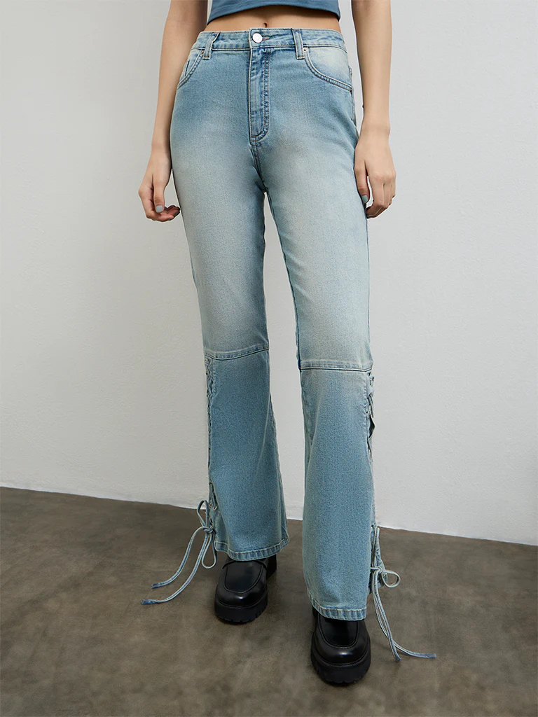 Nuon Light Blue Criss-Cross Detailed High-Rise Jeans - Image 2