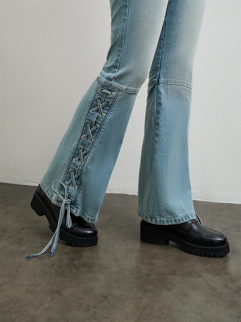 Nuon Light Blue Criss-Cross Detailed High-Rise Jeans - Image 3