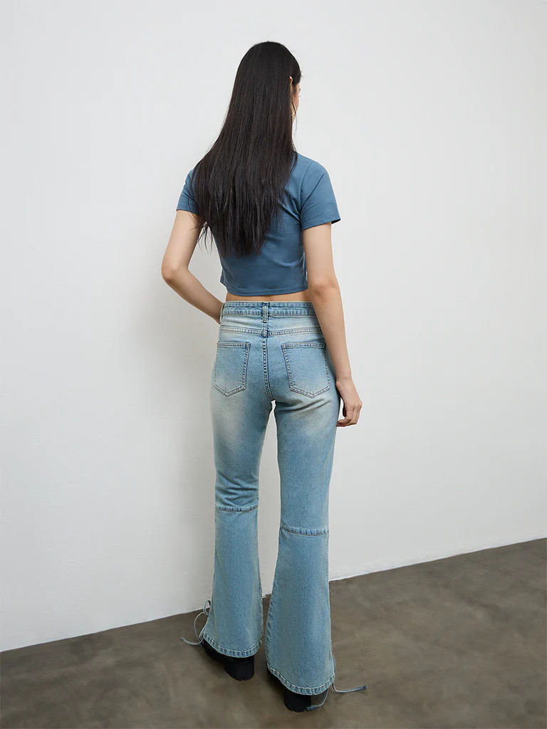 Nuon Light Blue Criss-Cross Detailed High-Rise Jeans - Image 4