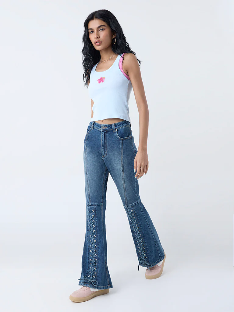 Nuon Light Blue Embellished Cotton-Blend Tank Top - Image 2