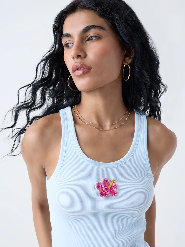 Nuon Light Blue Embellished Cotton-Blend Tank Top - Image 3