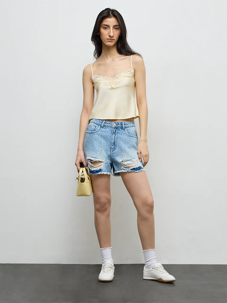 Nuon Light Blue Embellished High-Rise Denim Shorts