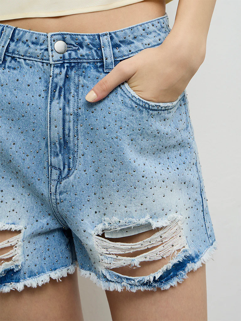 Nuon Light Blue Embellished High-Rise Denim Shorts - Image 2