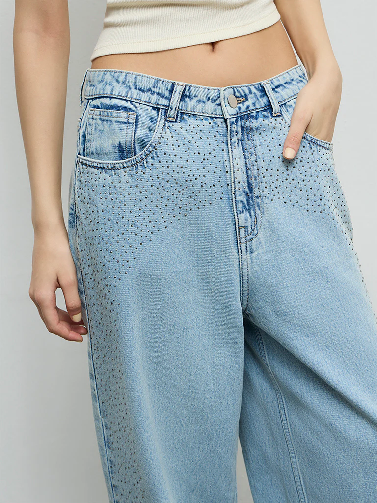 Nuon Light Blue Embellished High-Rise Jeans - Image 3