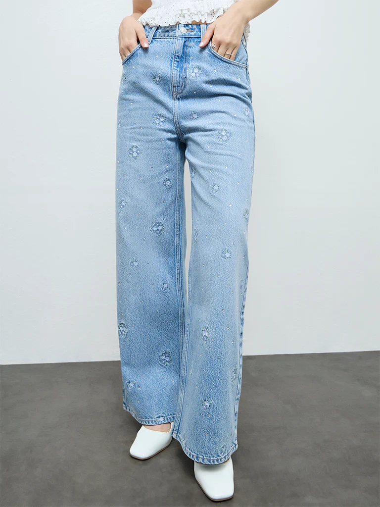 Nuon Light Blue Embroidered High-Rise Jeans - Image 2