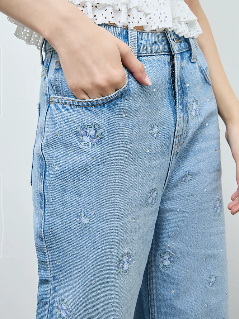 Nuon Light Blue Embroidered High-Rise Jeans - Image 3