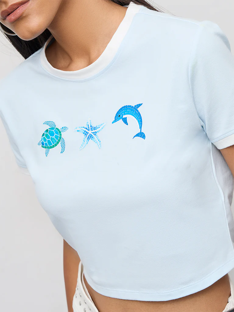 Nuon Light Blue Printed Cotton T-Shirt - Image 3