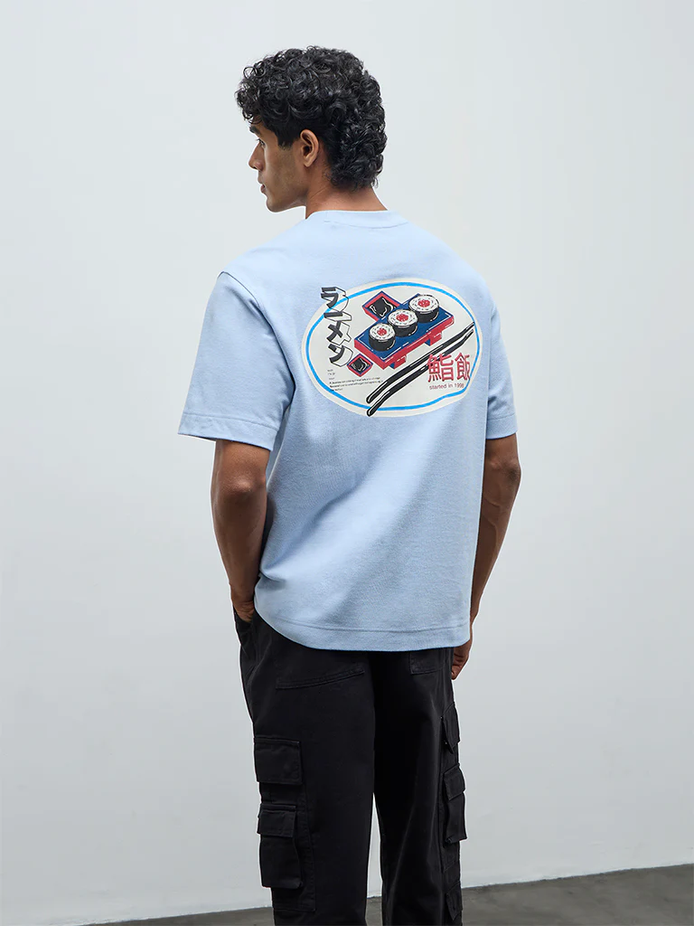 Nuon Light Blue Printed Relaxed-Fit Cotton T-Shirt - Image 4