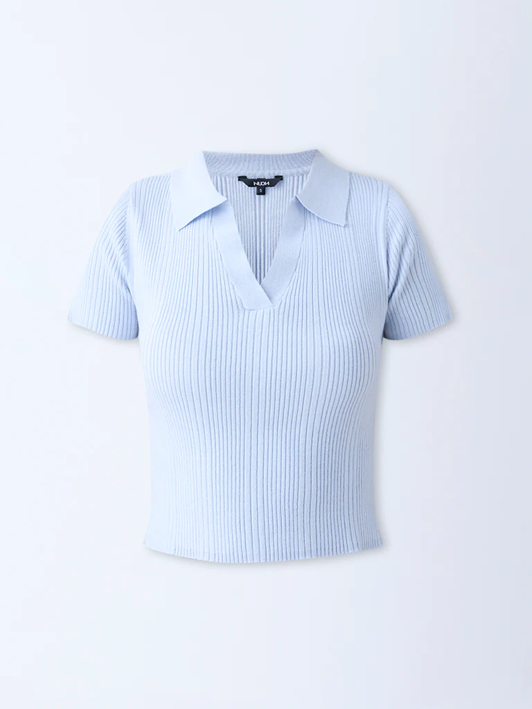 Nuon Light Blue Ribbed-Textured T-Shirt - Image 5
