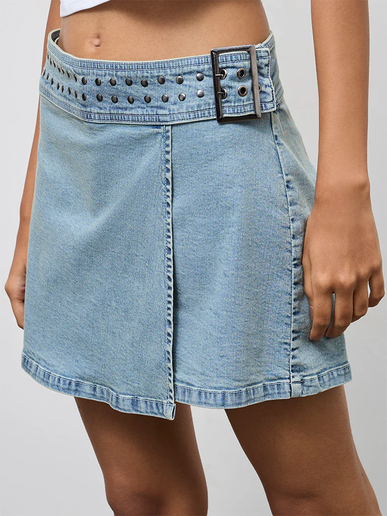 Nuon Light Blue Stud Detailed High-Rise Denim Skorts - Image 3