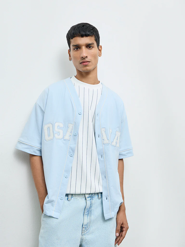 Nuon Light Blue Text Design Relaxed-Fit Cotton-Blend T-Shirt