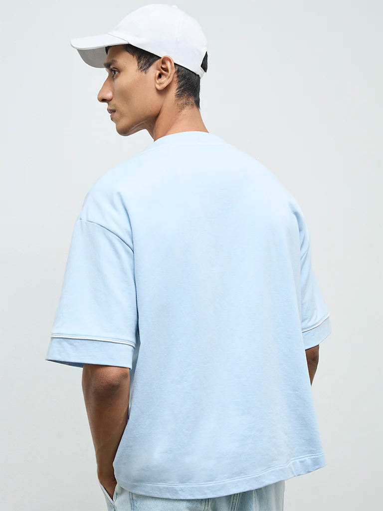 Nuon Light Blue Text Design Relaxed-Fit Cotton-Blend T-Shirt - Image 4