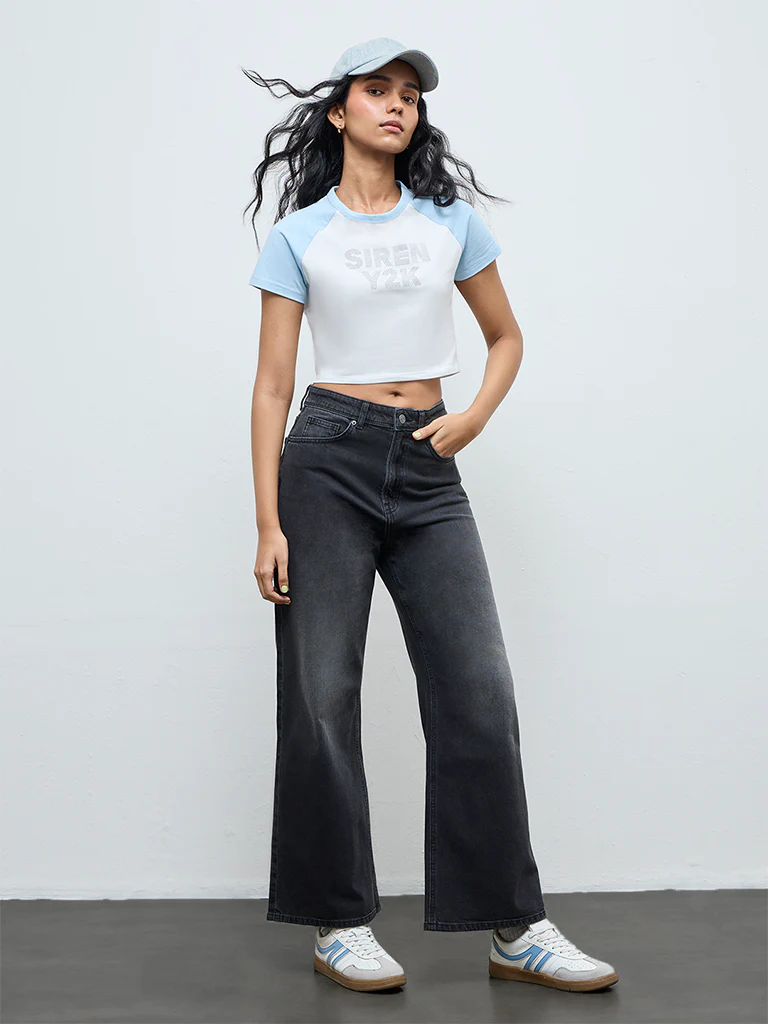 Nuon Light Blue Text Printed Cotton-Blend T-Shirt - Image 2